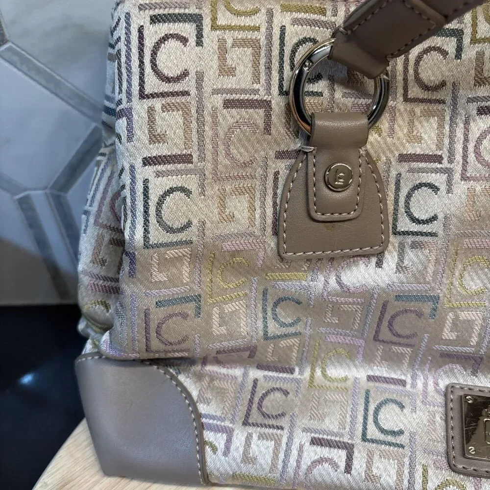 Vintage Liz Claiborne Handbag Beige Silver Two Handle Monogram Satchel Y2K